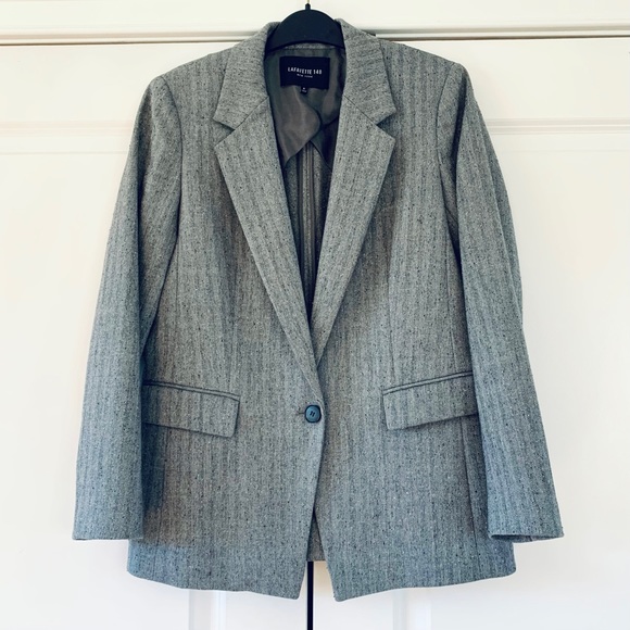 Lafayette 148 Blazer Speckled Herringbone Wool 1 Button Gray Suit Jacket Size 4 - Picture 2 of 10